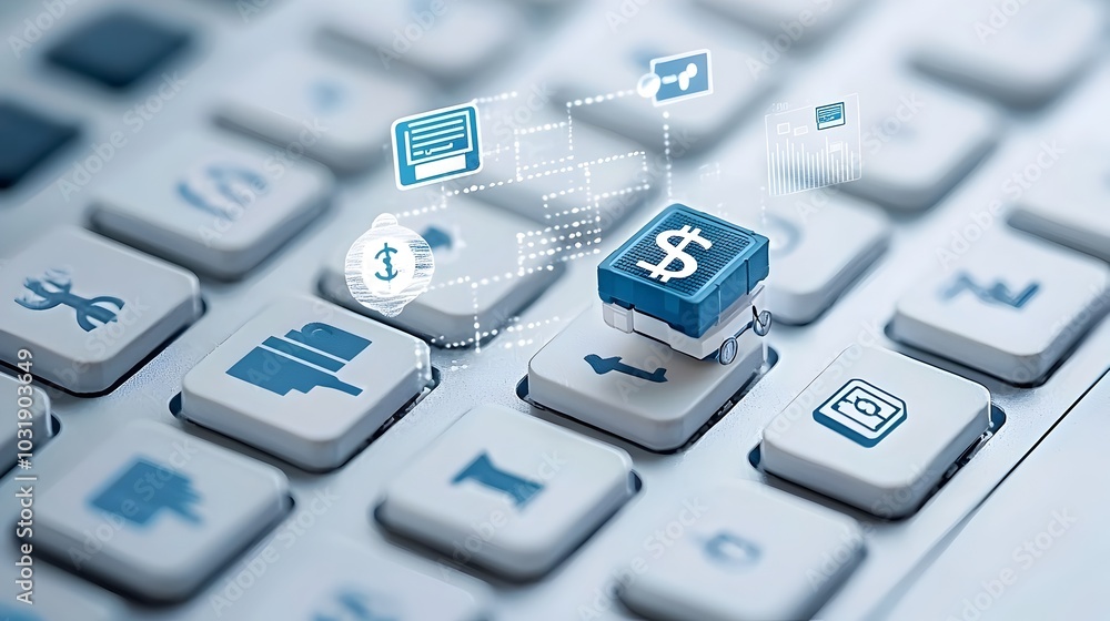 Poster keyboard with financial symbols such as dollar euro pound yen replacing letters representing the con
