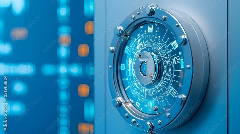 Poster Locked safe or vault with a graph or chart displayed on the door representing the secure storage and analysis of financial data and investment performance