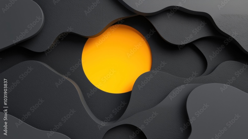 Poster abstract visual of a bright yellow sun surrounded by dark waves creating a unique artistic design th