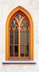 Obraz premium Arched Wooden Window with Mullions and Ornamental Glass on a White Background