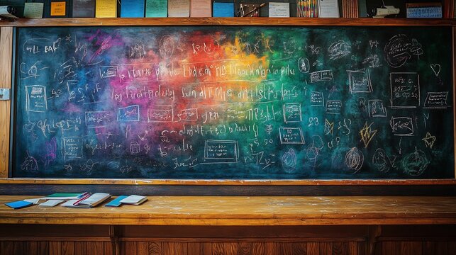 College greenboard featuring an artistic arrangement of colorful chalk sketches illustrating famous quotes about teaching surrounded by playful doodles that inspire learning and appreciation