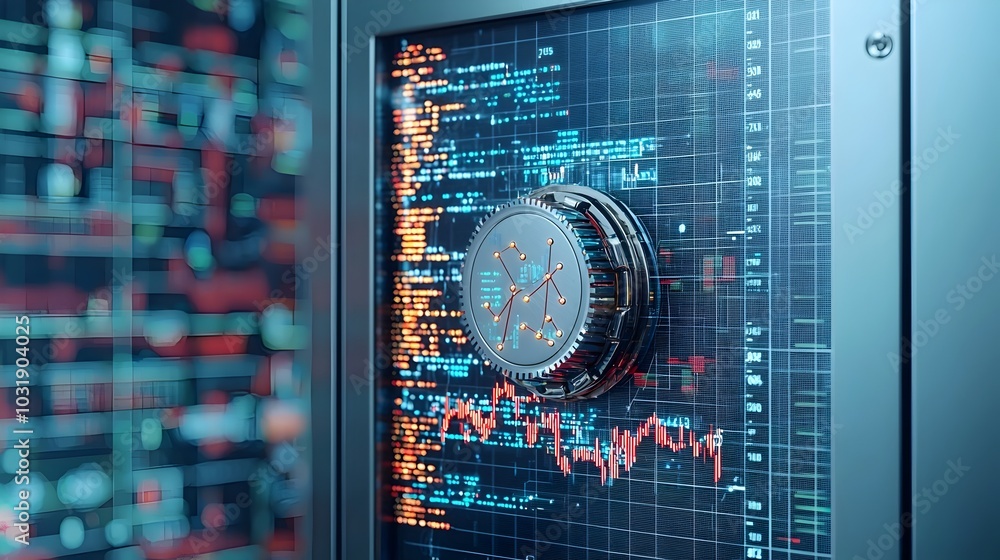Poster Locked safe with analytical graph on its door symbolizing the secure and data driven management of financial assets and investments