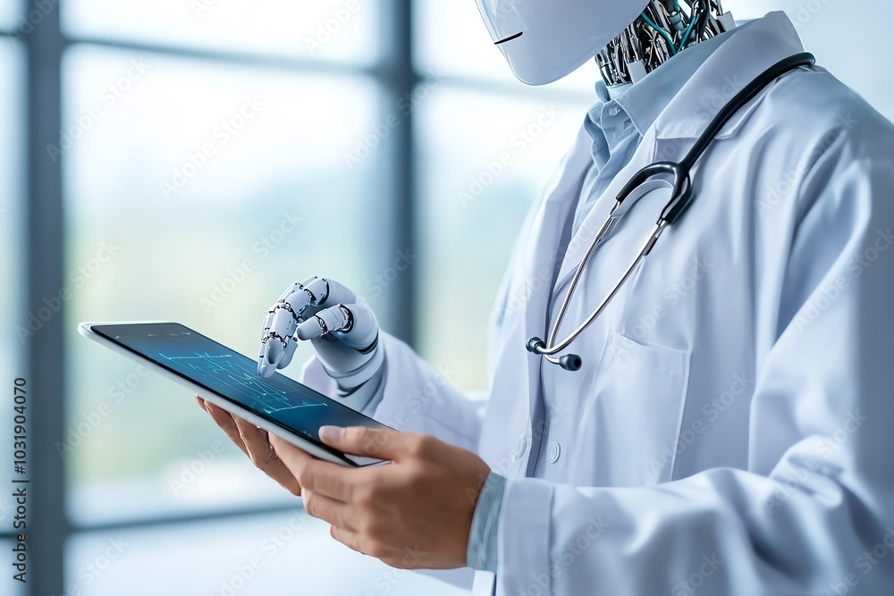 Aufkleber a front view of an aipowered robot assisting a doctor in diagnosing a patient using medical data on 