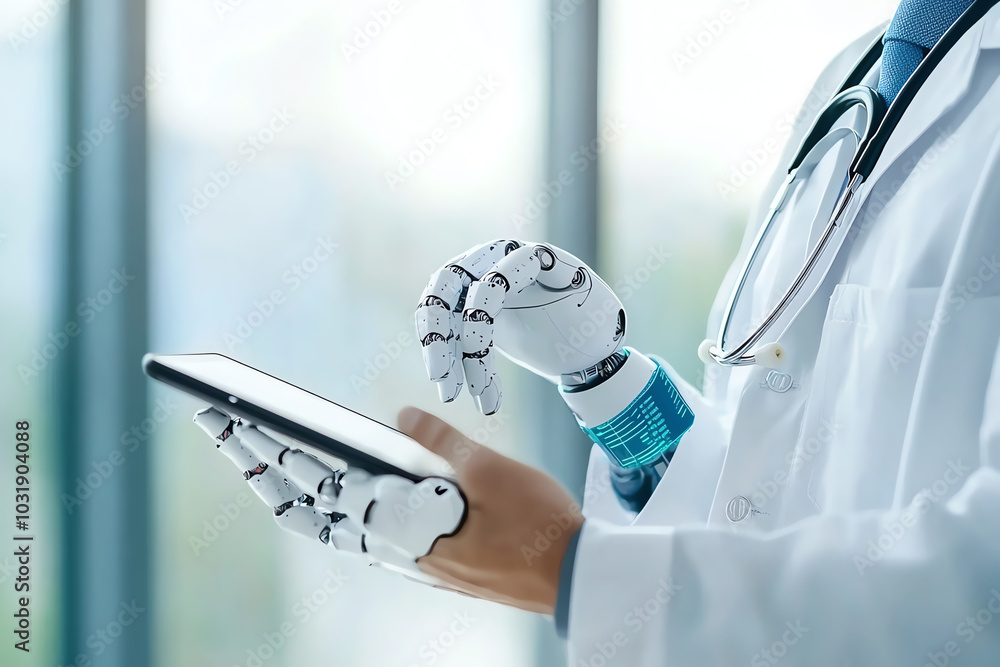 Aufkleber a front view of an aipowered robot assisting a doctor in diagnosing a patient using medical data on 