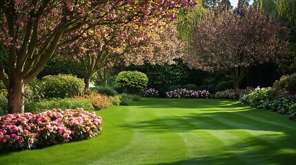 A Tranquil Spring Garden with Blooming Trees