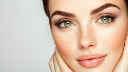 Naklejka premium freckles dotting her face, hand touching cheek