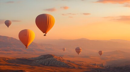 Fototapeta premium Majestic hot air balloons gracefully drifting over a breathtaking desert landscape illuminated by the warm glow of a stunning sunset sky This serene and captivating scene evokes a sense of adventure