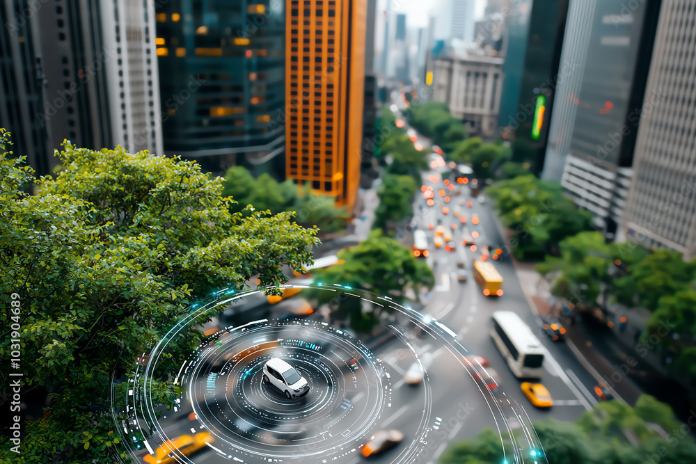 Poster a top view of a city with smart sensors and aipowered traffic systems controlling vehicles for smoot