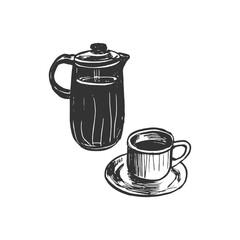 Coffee Pot and Cup with Saucer - Hand-Drawn Line Art. Minimalist black and white line art of a coffee pot and cup with a saucer. Ideal for use in coffee-related projects, menus, or lifestyle visuals.