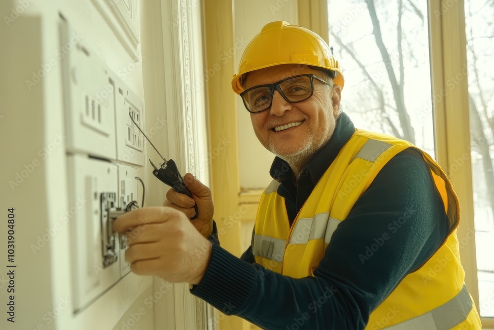 Poster Electrician smiling while installing a light switch on a wall