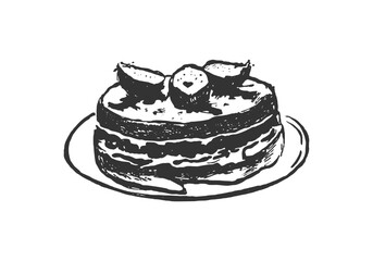 Layered Cake with Topping - Hand-Drawn Line Art. Detailed black and white line art illustration of a layered cake with a fruit topping. Perfect for dessert-related projects, menus, and bakery visuals.