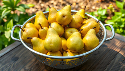 Many ripe pears in a colander on wooden garden table isolated with white highlights, png