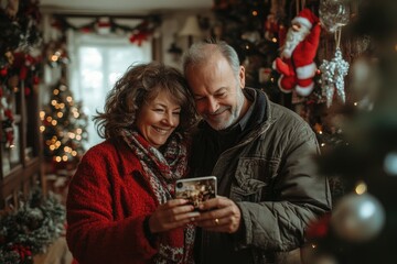 Happy senior couple enjoying christmas holidays using smartphone at home