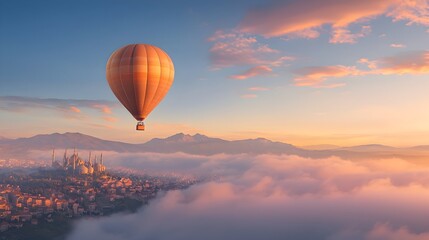 Obraz premium Mesmerizing image of a vibrant hot air balloon gracefully floating above a picturesque valley bathed in the warm glow of the rising sun creating a serene and breathtaking landscape