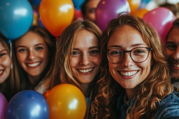 An office decorated festively for New Year's Eve with cheerful colleagues capturing the joyous moment with Polaroid cameras