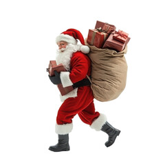 Santa Claus sneaking with a sack of christmas presents on his back, transparent
