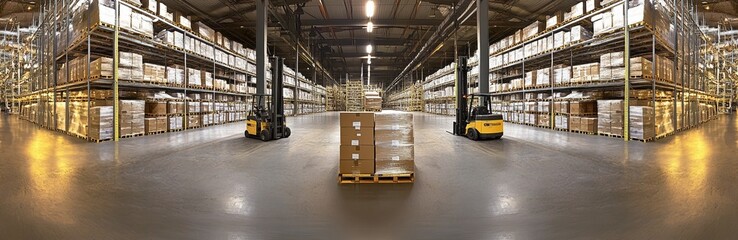 Panoramic view of an industrial warehouse with high shelves, neatly arranged boxes, forklifts in motion, and bright lighting, showcasing storage technology and interior design.