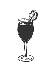 Minimalist black and white line art illustration of a wine glass with a lemon garnish. Hand-Drawn Line Art. Ideal for beverage-themed projects, restaurant menus, or bar designs.