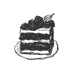 Detailed black and white line art illustration of a layered cake slice topped with berries. Perfect for dessert projects, bakery menus, and sweet treat designs. Hand-Drawn Line Art.