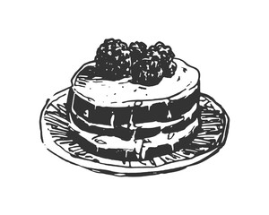 Black and white line art illustration of a layered cake with berries on top. Hand-Drawn Line Art. Perfect for bakery, dessert menus, or culinary-related projects and designs.