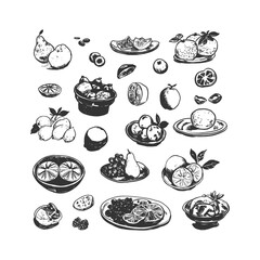 Black and white line art illustration of assorted fruits and citrus slices. Ideal for food-related designs, healthy lifestyle visuals, or menu decorations. Hand-Drawn Line Art.