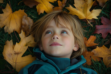 A young girl is laying on the ground in a field of yellow leaves