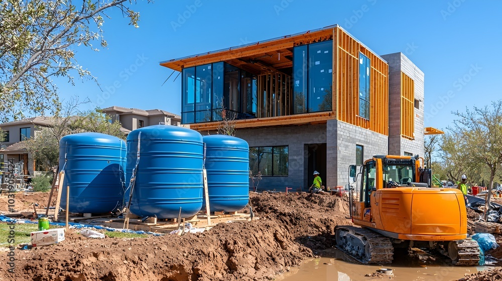 Poster modular rainwater storage tanks stacked and installed next to a newly constructed residential home s