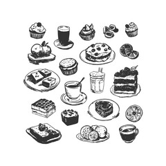Hand-Drawn Desserts and Beverages Collection. Charming black-and-white hand-drawn illustrations of various desserts and beverages, including cupcakes, cakes, fruits, and coffee. Ideal for cafe menus.