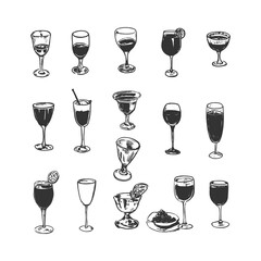 Hand-Drawn Glassware Collection – Various Wine and Cocktail Glasses. Black-and-white hand-drawn illustration featuring different types of glasses for wine, cocktails, and beverages.