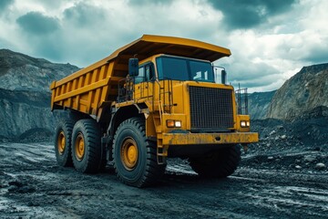 Obraz premium Large yellow mining dump truck moving along in open pit mine