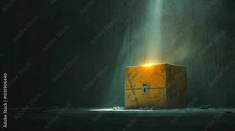Poster mystical locked chest emanating a beam of radiant hope representing the potential of hidden treasure