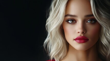 Fototapeta premium long blonde hair, bright red lipstick against black backdrop