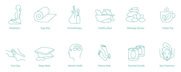 Meditation, Yoga Mat, Aromatherapy, Healthy Foods, Massage Stones, Herbal Tea, Pedicure, Sleep Mask, Mental Health, Nature Walk, Scented Candles, and Spa Treatment Vector Icons for Mindfulness icons