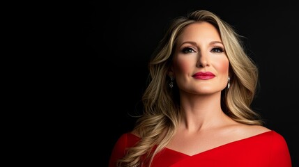 Fototapeta premium A woman in a red dress poses for a picture with closed eyes and long ponytail