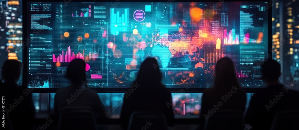 Poster four silhouettes looking at a large screen filled with colorful data, graphs and charts, and a blurr