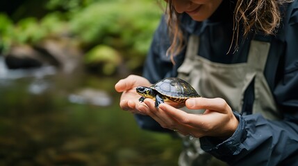 A Woman Holding a Small Turtle in Her Hands Near a Creek