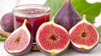 Fresh Fig Jam with Ripe Fig Arrangement. Sliced Organic Figs- Culinary Background. Close-up.