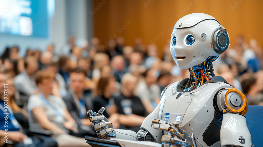 Poster a front view of a humanoid robot giving a presentation at a tech conference, with a large audience w