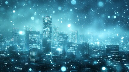Snowy Cityscape at Night with Sparkling Lights