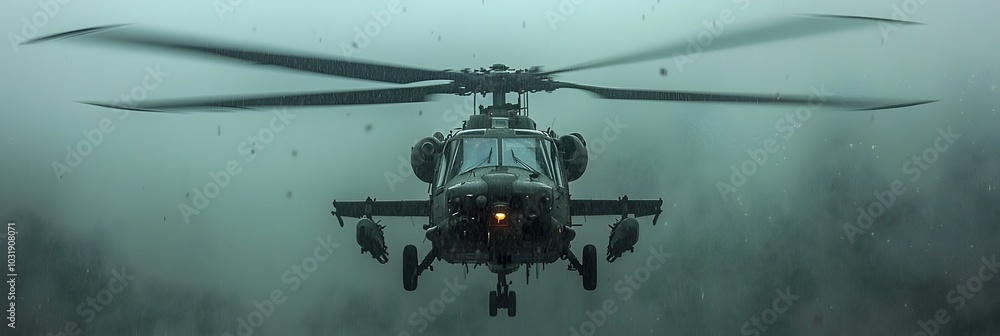 Poster Powerful combat helicopters swiftly navigating through a dense forested landscape showcasing their agility and tactical capabilities in a rugged environment