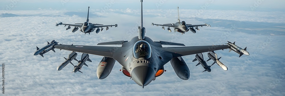 Aufkleber Precision Formation of Jet Fighters Soaring Through Cloudy Skies Showcasing the Power and Agility of Advanced Military Aviation Technology