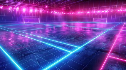 A rendered image of an empty indoor soccer field with neon lights creating a grid pattern on the floor.