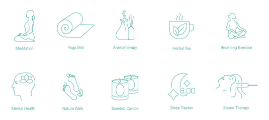 Meditation, Yoga Mat, Aromatherapy, Herbal Tea, Breathing Exercises, Mental Health, Nature Walks, Scented Candles, Sleep Tracker, and Sound Therapy Vector Icons for Mindfulness and Wellness  