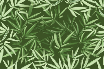 Vector fresh green bamboo stems and leaves branches. Natural realistic leaf pattern. Colorful dark background. Trendy repeating fashion print wallpaper or fabric. Abstract design element vector.