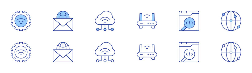 Internet icon set in two styles, Duotone and Thin Line style. Editable stroke. router, internet connection, mail, meta, network, iot