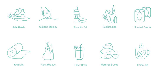 Reiki Hands, Cupping Treatment, Essential Oil, Bamboo Spa, Scented Candles, Yoga Mat, Aromatherapy, Detox Drink, Massage Stones, and Herbal Tea Vector Icons for Holistic Wellness