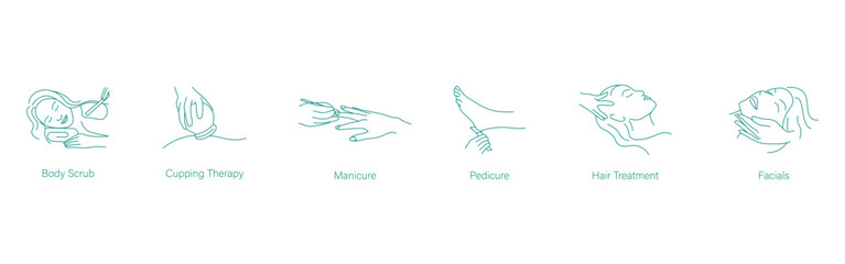 Body Scrub, Cupping Treatment, Manicure, Pedicure, Hair Treatment, and Facials Vector Icons for Complete Beauty Care