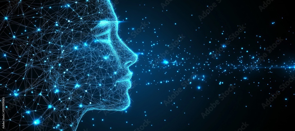 Poster wireframe networked head in deep blue design with data stream - ai and future of technology