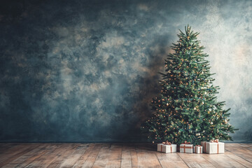 Christmas tree in simple interior,  empty wall, presents.