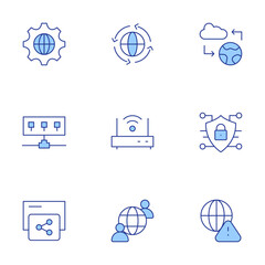 Internet icons set. Line Duotone style, editable stroke. alert, cyber security, hub, world, share, internet, communications, earth.
